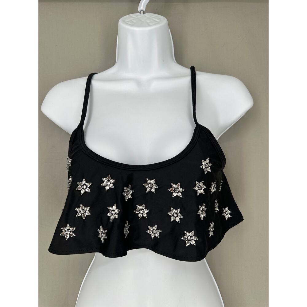Beach Riot Swim Top Womens Small Black Star Rhinestone Ruffle Beach